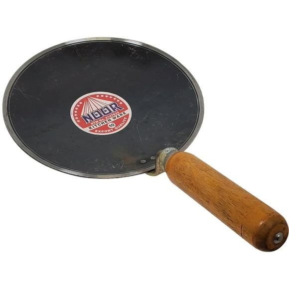 Noor - Iron Tava w/Wooden Flat Handle 10 inches - Concave - single pack - traditional Indian flatbread pan, perfect for making roti (1ct)