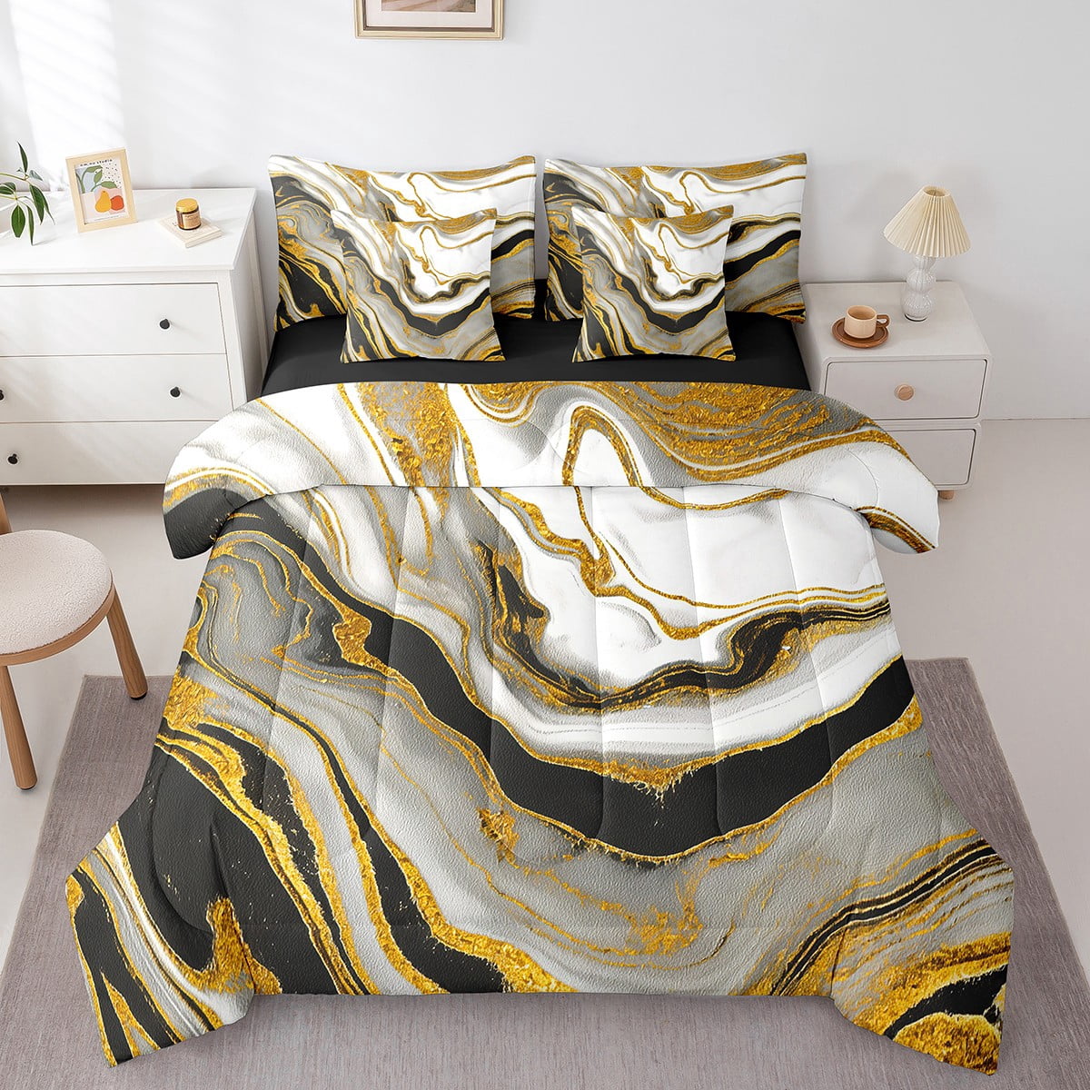 YST Marble 7-Piece Comforter Set, Abstract Watercolor Bedding, Gold Metallic Print, Twin