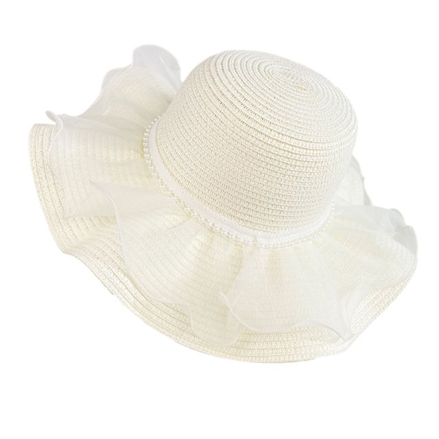 Sombrero de playa de paja natural de alta densidad con protección solar, ala ancha y diseño abovedado, lazo de encaje y detalles de perlas de imitación. Sombrero de verano.