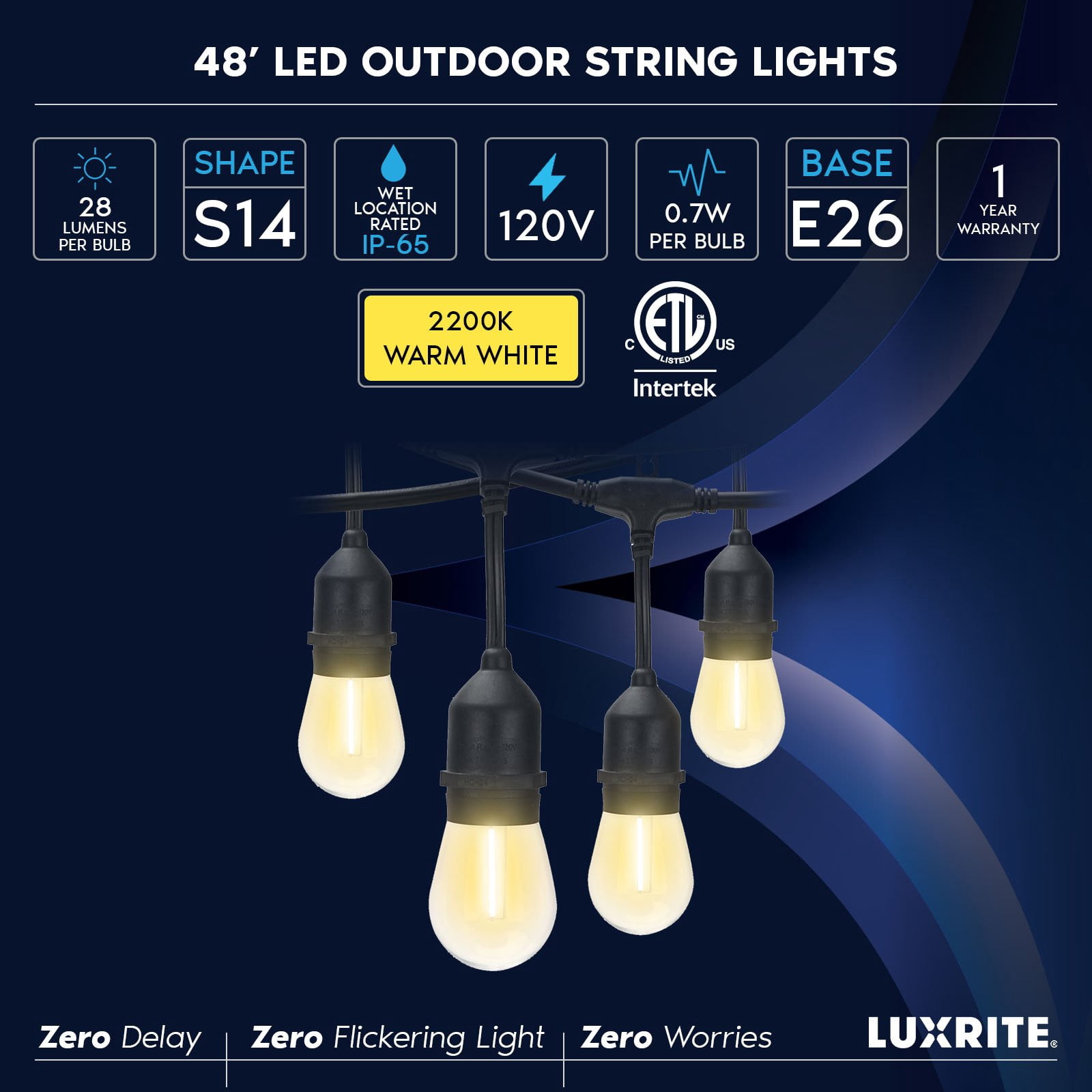 Luxrite 48FT LED Outdoor String Lights Commercial Grade Waterproof, 24 S14 Shatterproof Bulbs, IP65, Patio Garden Cafe