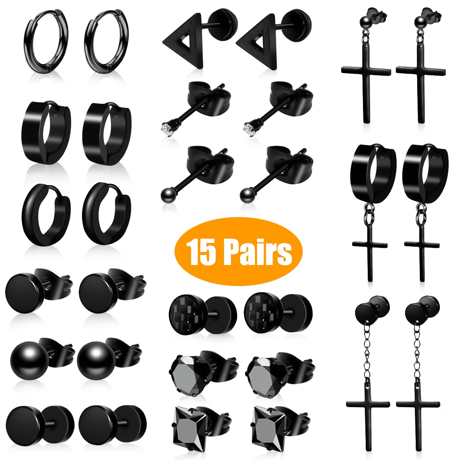 15 Pairs Stainless Steel Earrings, TSV Black Stud Earrings, Hoop Dangle Earrings, Cool Dangle Stud Earring Piercing Set for Men Women, Jewelry Piercing Hoop Earrings Set
