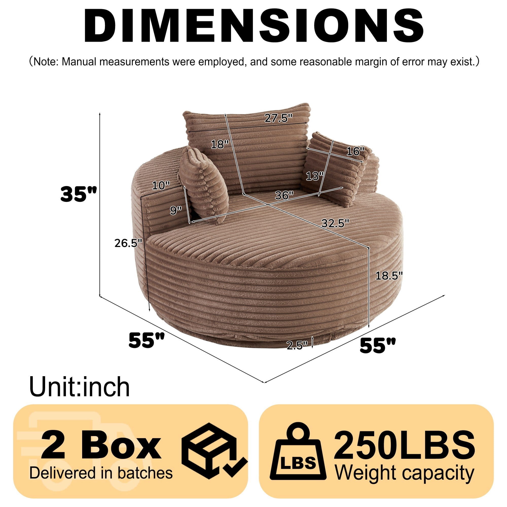 Sailvan 55" Corduroy Fabric Swivel Chair, Modern Round Sleeper Sofa with 360 Degree Rotation, Fluffy Foam Lounge Chair for Living Room Brown