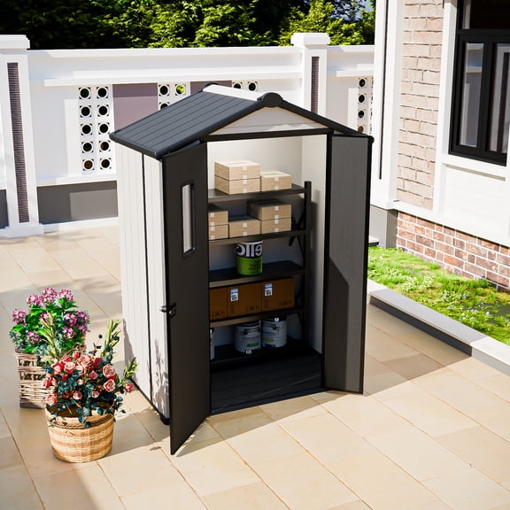 EAGLE PEAK 5x3 FT Resin Outdoor Storage Shed, Weatherproof Garden Shed with Floor & Lockable Double Doors, White/Gray