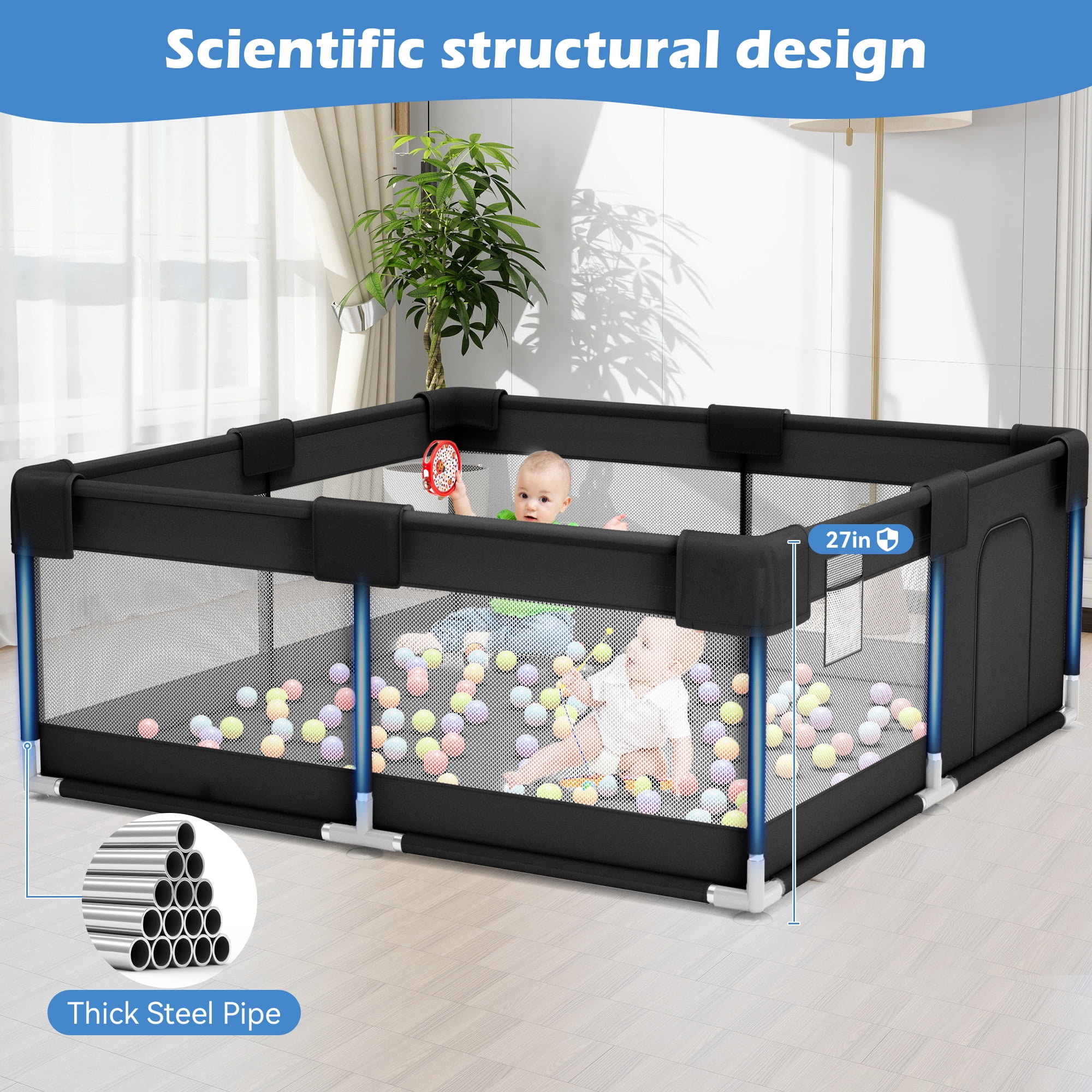 babyeap Baby Playpen,50x50 Inch Baby Playards for Babies and Toddlers,Fence Baby Play Yards for Indoor & Outdoor with Breathable Mesh,Black