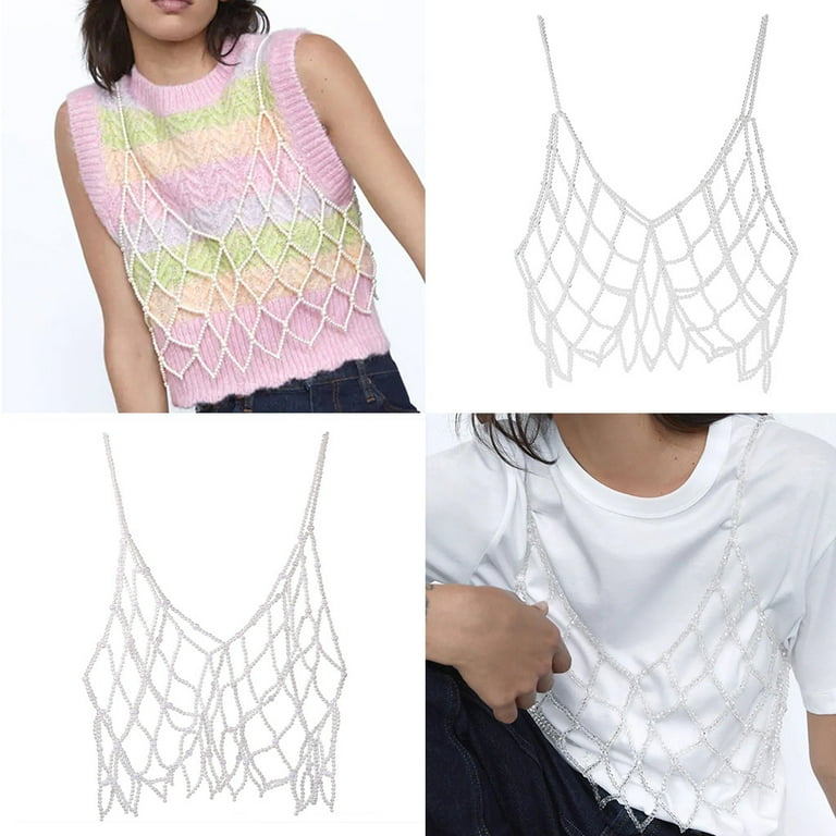 Women Handmade Woven Body Chain Camisole Imitation Pearl Women Handmade Woven Body Chain Camisole Imitation Pearl