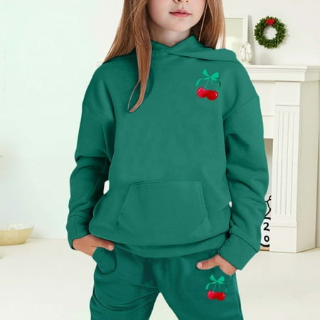 MAIHAN-Girls Winter Hoodie & Joggers Set 2-13 Years Winter Hoodie and Pants 2-Piece Outfit Cozy Warm Lined Sweatsuit for Boys and Girls(Dark Green2 12-13Years)