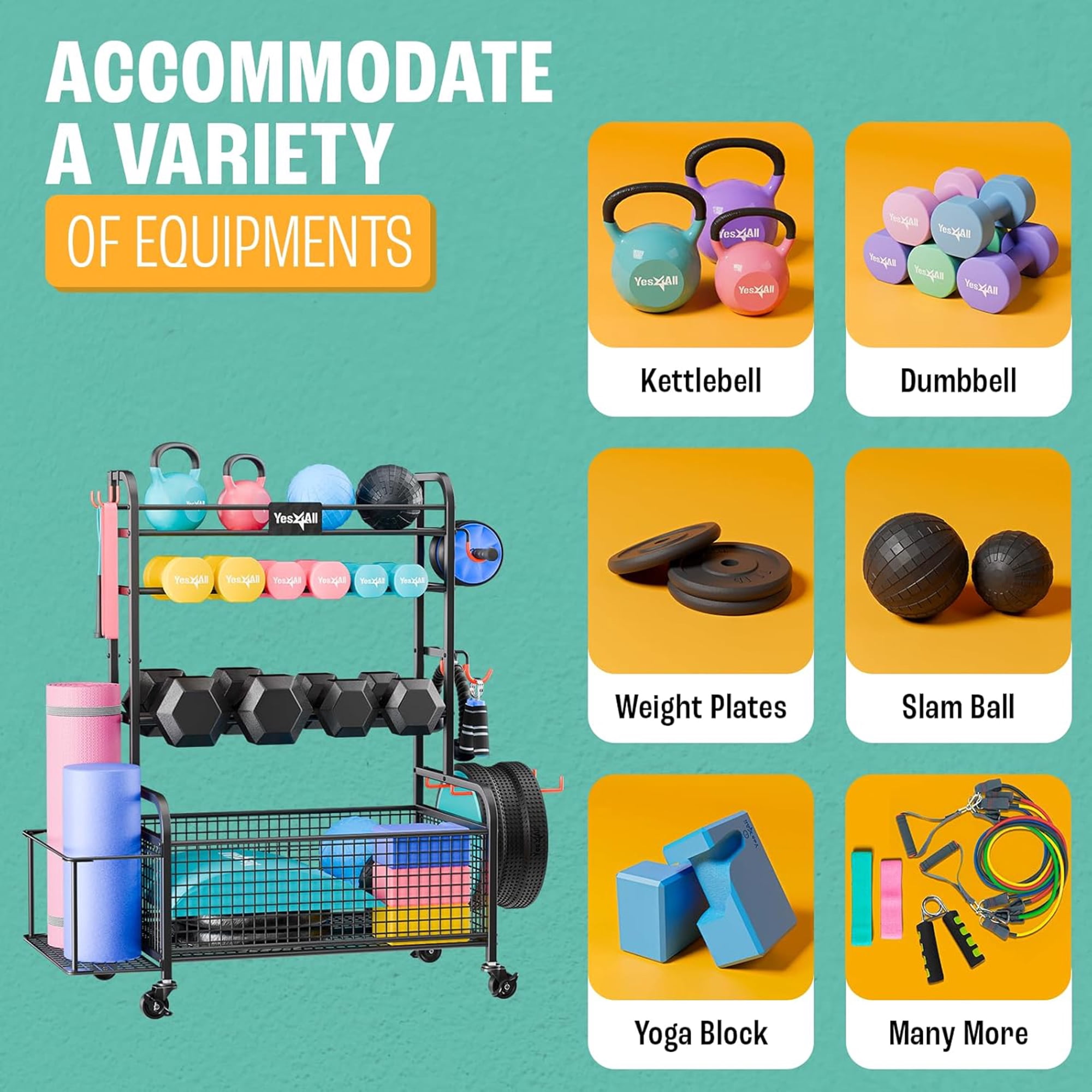 Yes4All Dumbbell Rack, Weight Rack for Home Gym, Sports Equipment Organizer for Dumbbells Kettlebells Yoga Mat Foam Roller and Balls, All in One Gym Workout Storage with Wheels and Hooks, Black
