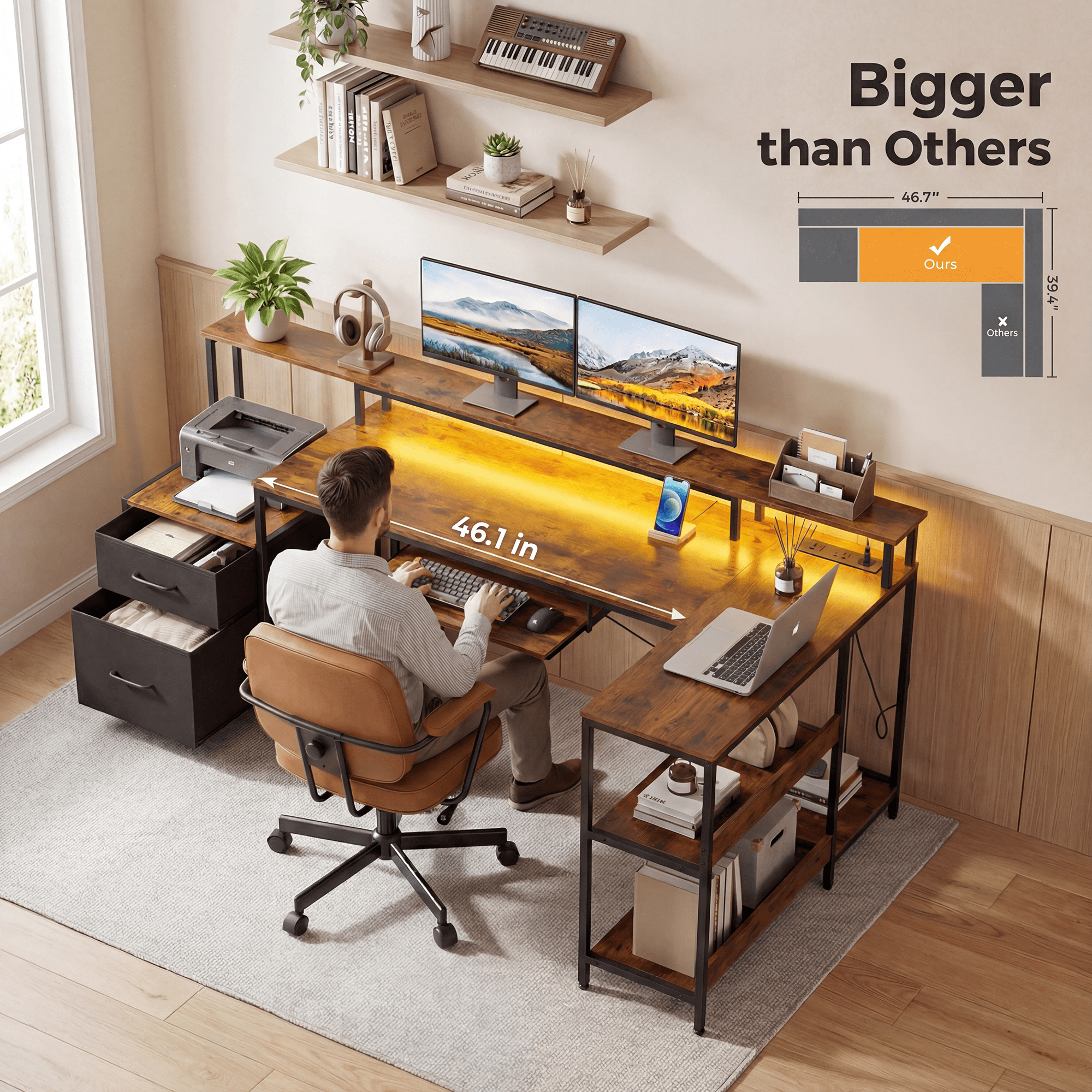 IULULU 75" Reversible L-Shaped Gaming Desk with Power Outlet and LED Strip, Computer Desk with Storage Shelves for Home Office, Rust