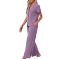thumbnail image 4 of INSPIRE CHIC Women's Lounge Set Knit Soild Pajama Set Short Sleeve Full Length PJ Set S Purple, 4 of 6