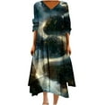 thumbnail image 2 of Drses Women Midi Dress Casual Loose Printed Irregular Buttoned Hem V-Neck 3/4 Sleeve Pleated Summer Dresses, 2 of 5