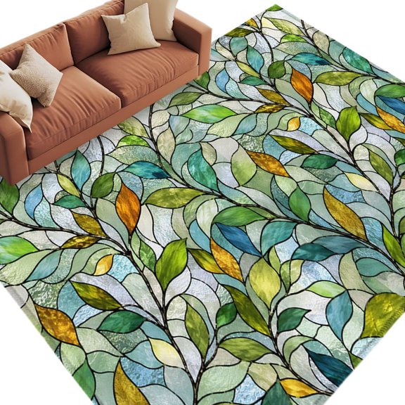 Green Leaves Area Rug 5x7 Washable Rug Non Slip Stained Glass Chic Botanical Branches Large Area Rug Soft Stainresistant Indoor Floor Carpet for Living Room Bedroom Home Office Dining Room Nursery