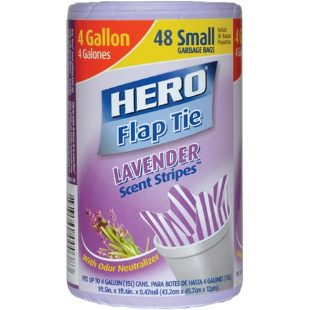 Hero Lavender Scent Stripes Flap Tie Small Garbage Bags, 4 Gallon, 48 ct