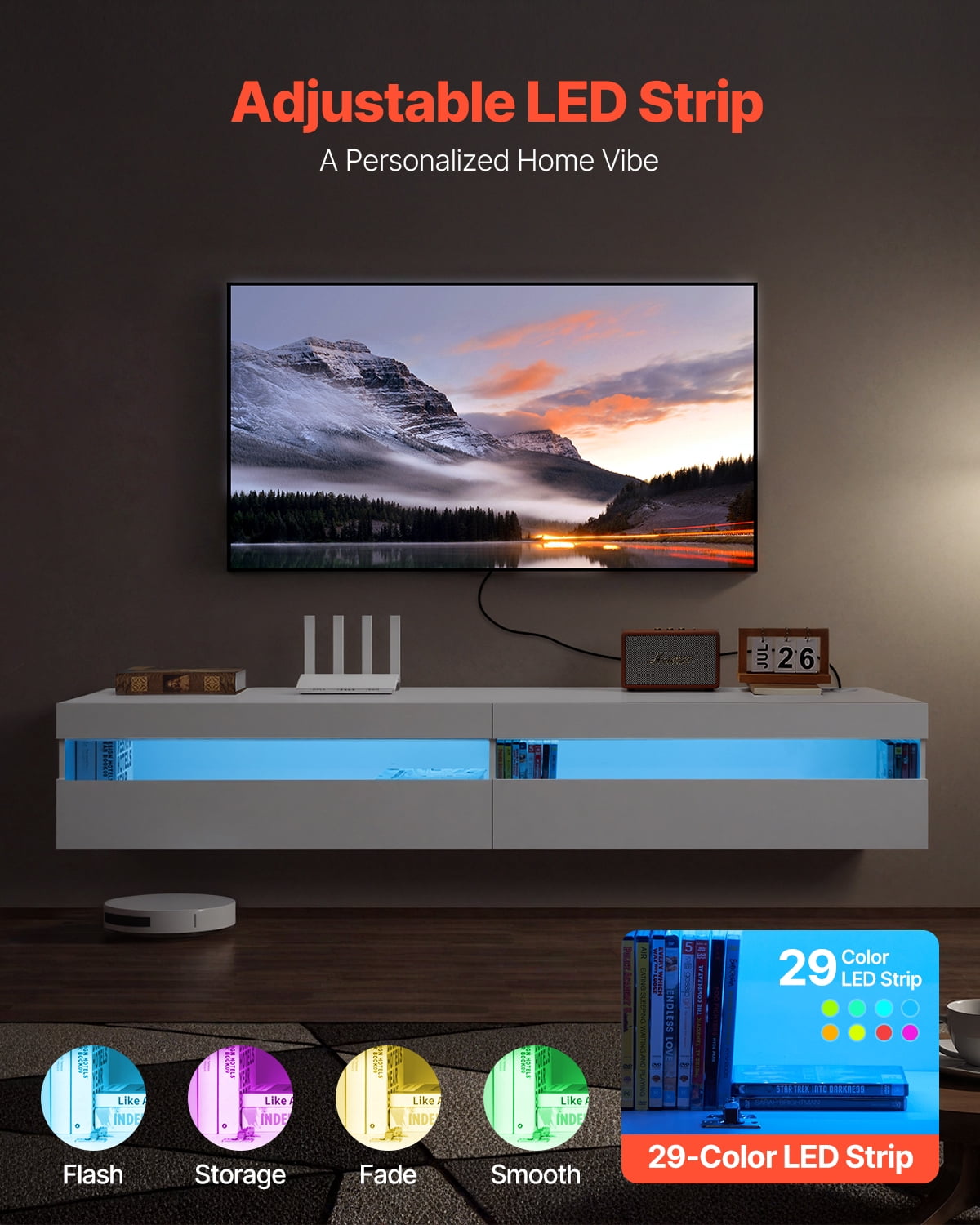VEVOR Floating TV Stand, 71 in Wall Mount Entertainment Center with Power Outlet & LED Lights, Modern Floating TV Shelf with 2 Drawers & Storage Cabinet for DVD Player, Cable Box,Game Console,White