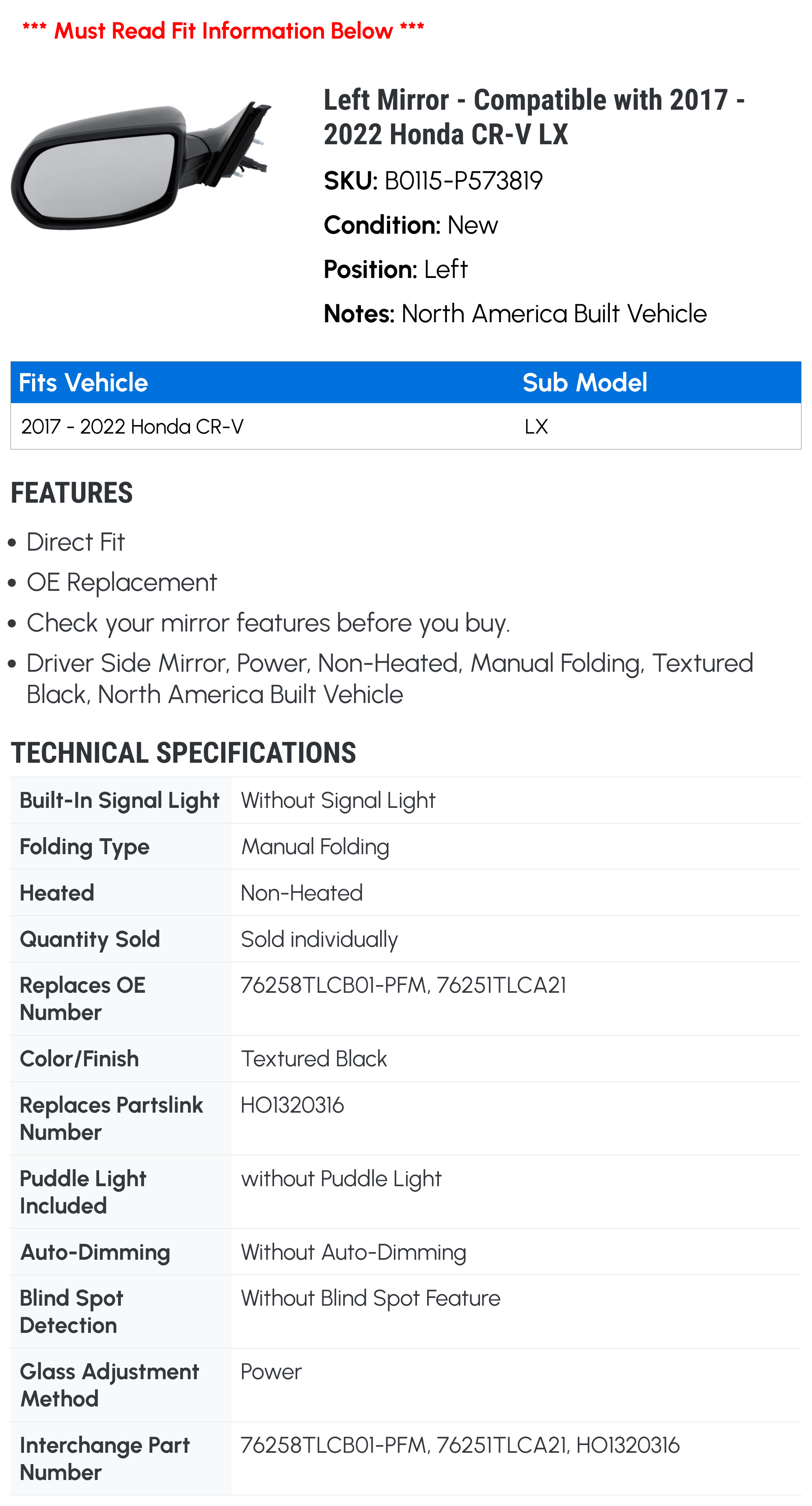 Left Mirror - Compatible with 2017 - 2022 Honda CR-V LX - Kool Vue