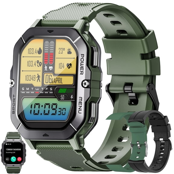 Smart Watch for Men, 2.02" HD Touchscreen, Bluetooth Calling (Answer/Make Calls), 100 Sports Modes, 10-Day Standby, 1ATM Waterproof, Fitness Tracker Compatible with Android & iPhone (3 Strap)