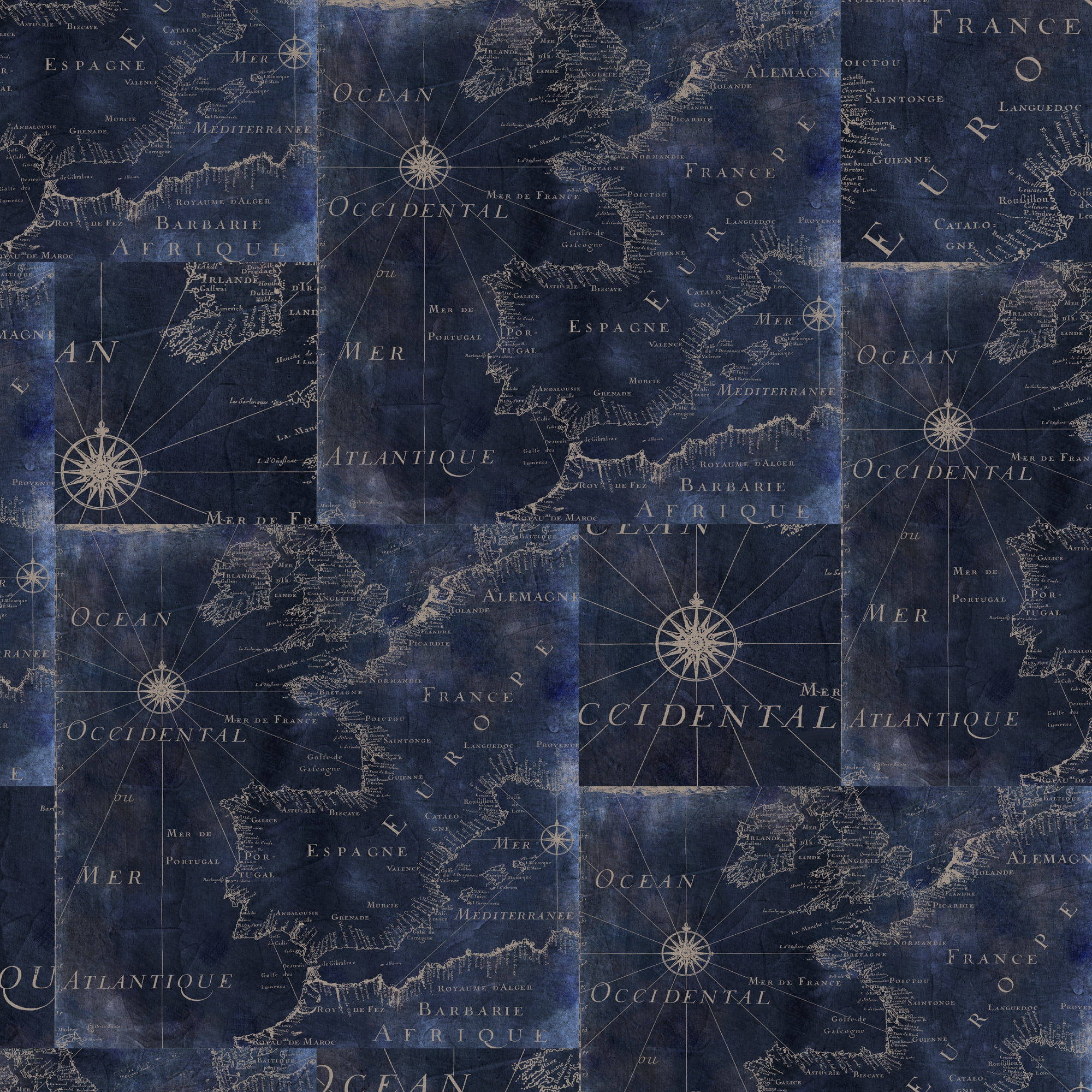 (2 pack) 1 Yard 100% Cotton Nautical Map, Blue, 44" Wide for Quilting & Sewing by David Textiles