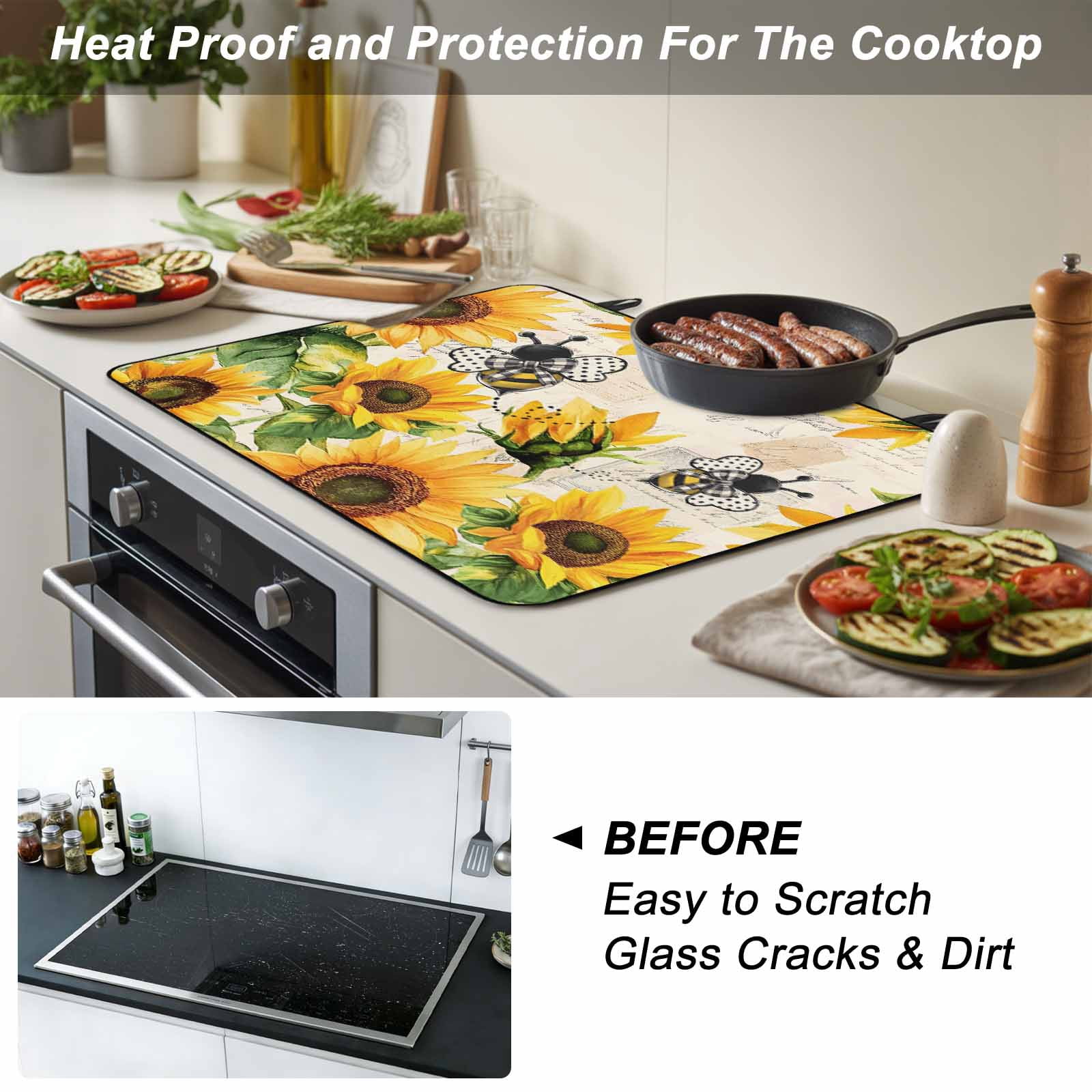 Sunflower Bee Stove Top Cover for Electric Stove, Heat-proof & Non Slip Glass Top Stove Cover Protector, Yellow Botanical Vintage Rose Floral Spring Kitchen Flat Cooktop Rubber Mat 24x21 Inches