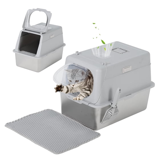 Stainless Steel Cat Litter Box XL with Lid and High Sided Non Stick Easy Clean Odor Resistant Enclosed Toilet for Large Cats Multi Cat Households Grey