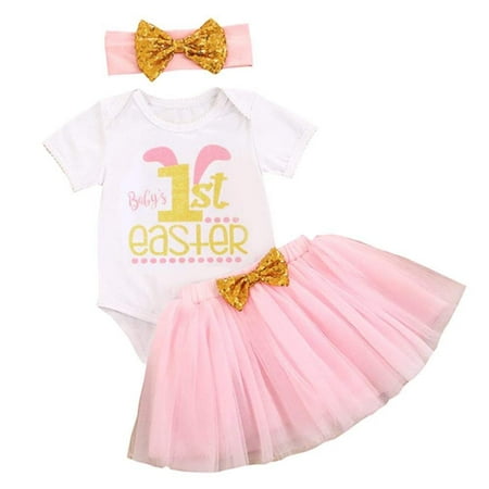 

Easter Outfits 3Pcs Baby Girl Rabbit Print Short Sleeve Round Neck Romper + Skirt + Headband Set