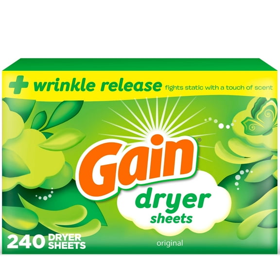 Gain Dryer Sheets Plus Wrinkle Release, Original Scent, 240 Count, Fights Static With a Touch of Scent, Laundry Sheets