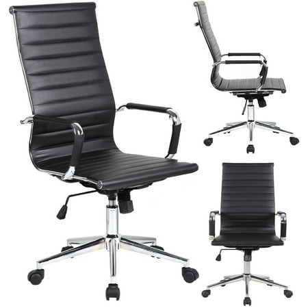 2xhome - Designer Boss PU Leather with Arms wheels Swivel Tilt Adjustable Executive Manager Mid Century Office Chair High Back Ribbed Modern Work Task Computer Black Desk (Best Mobile Task Manager)