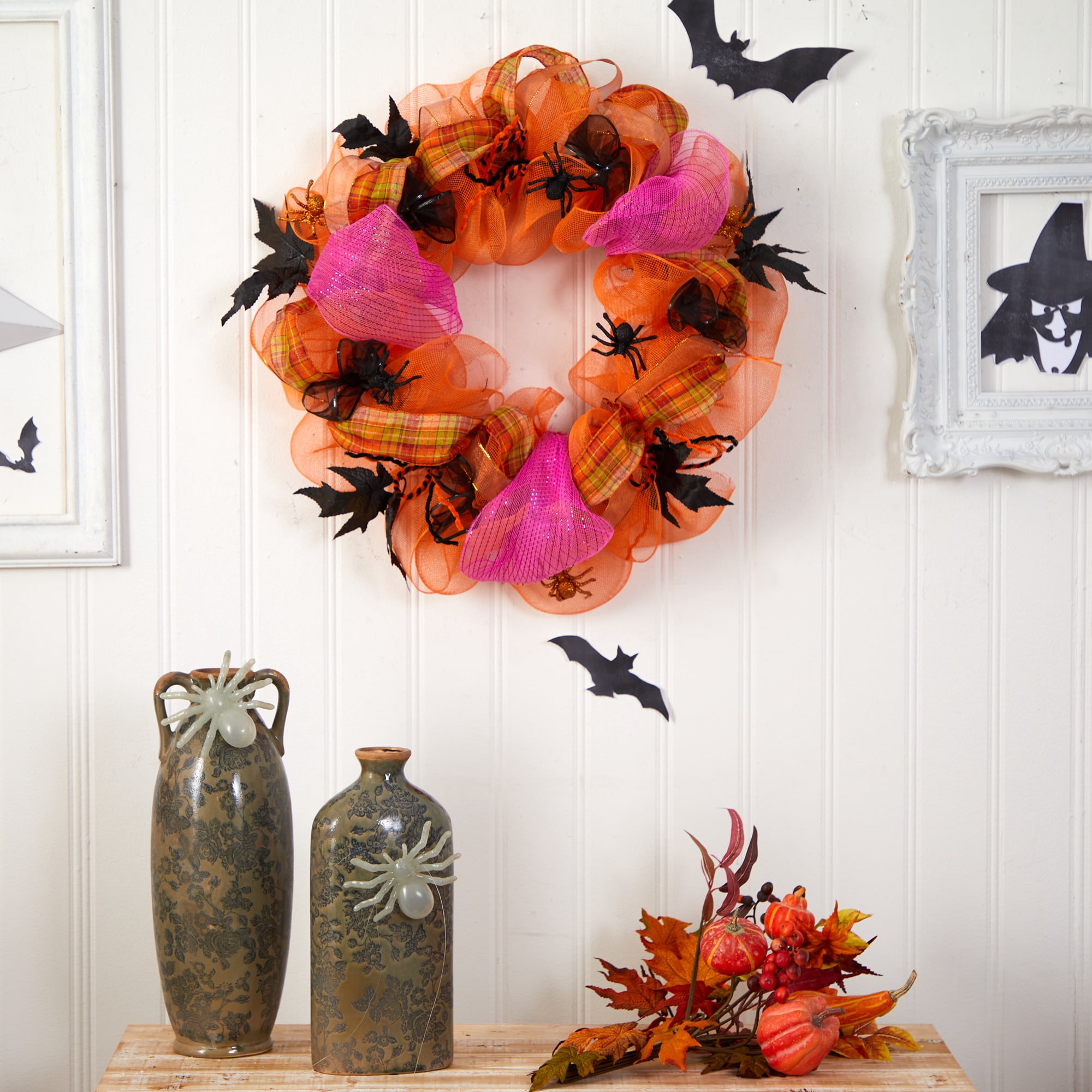 Nearly Natural 26" Halloween Spider Mesh Wreath, Orange
