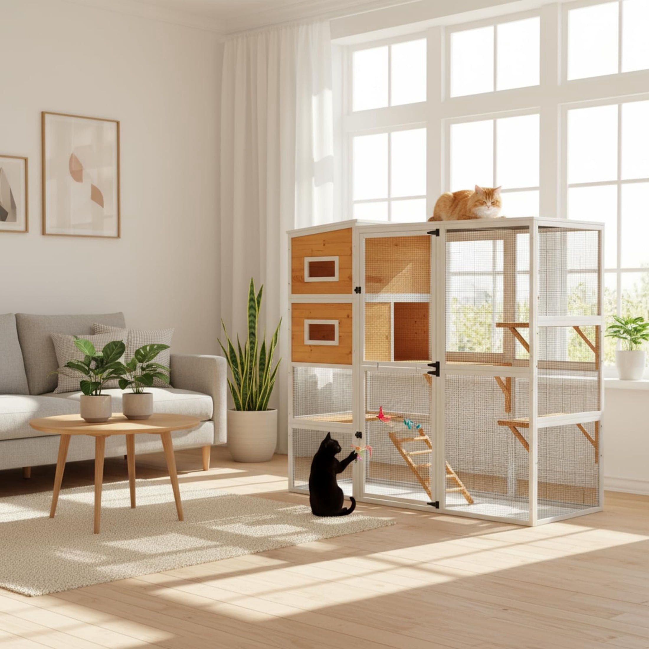 Large Catio Outdoor Cat Enclosure Window, 4 Tier Indoor House for Cats with Waterroof Roof, 3 Resting Rooms, 3 Platforms,Outdoor Catio Patio with Balcony, Connect to Window with 2 Large Door
