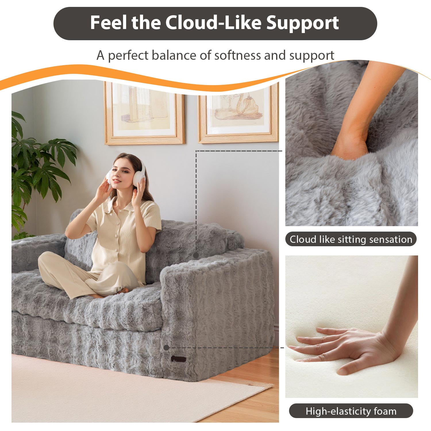 GOODONE Bean Bag Chair Sofa,Giant Loveseat Bubbled Boneless Couch,Modern Soft Comfy Plush Lazy Sofa for Living Room and Apartments,No Assembly Required,Grey