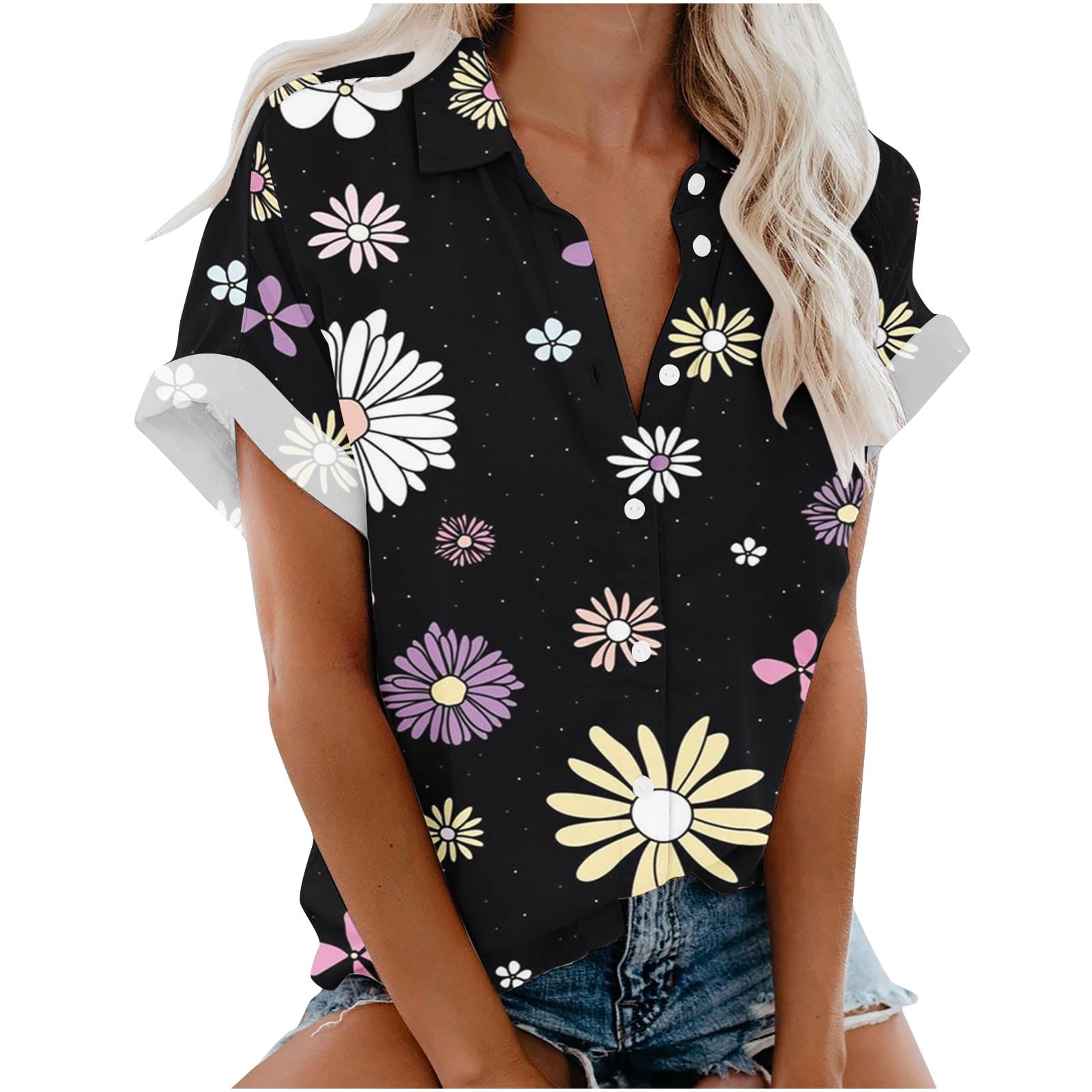  Plus Size Tops for Women Casual Summer Button Up Henley V-Neck  Vintage Pattern Work Tops for Women Party Tops for Women Short Sleeve  Womens Tees Dressy Blouses for Women with Pockets