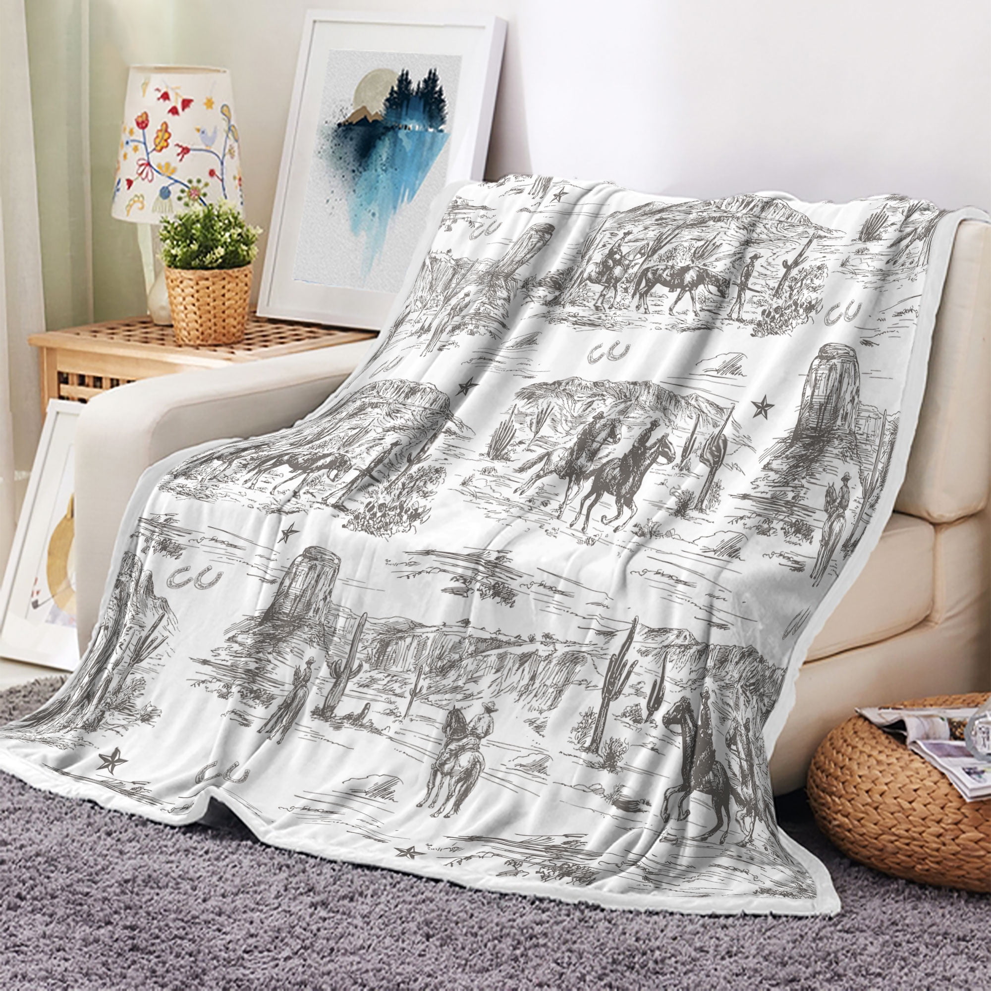 Western Cowboy Throw Blanket, Grey Fleece Blanket American Southwest