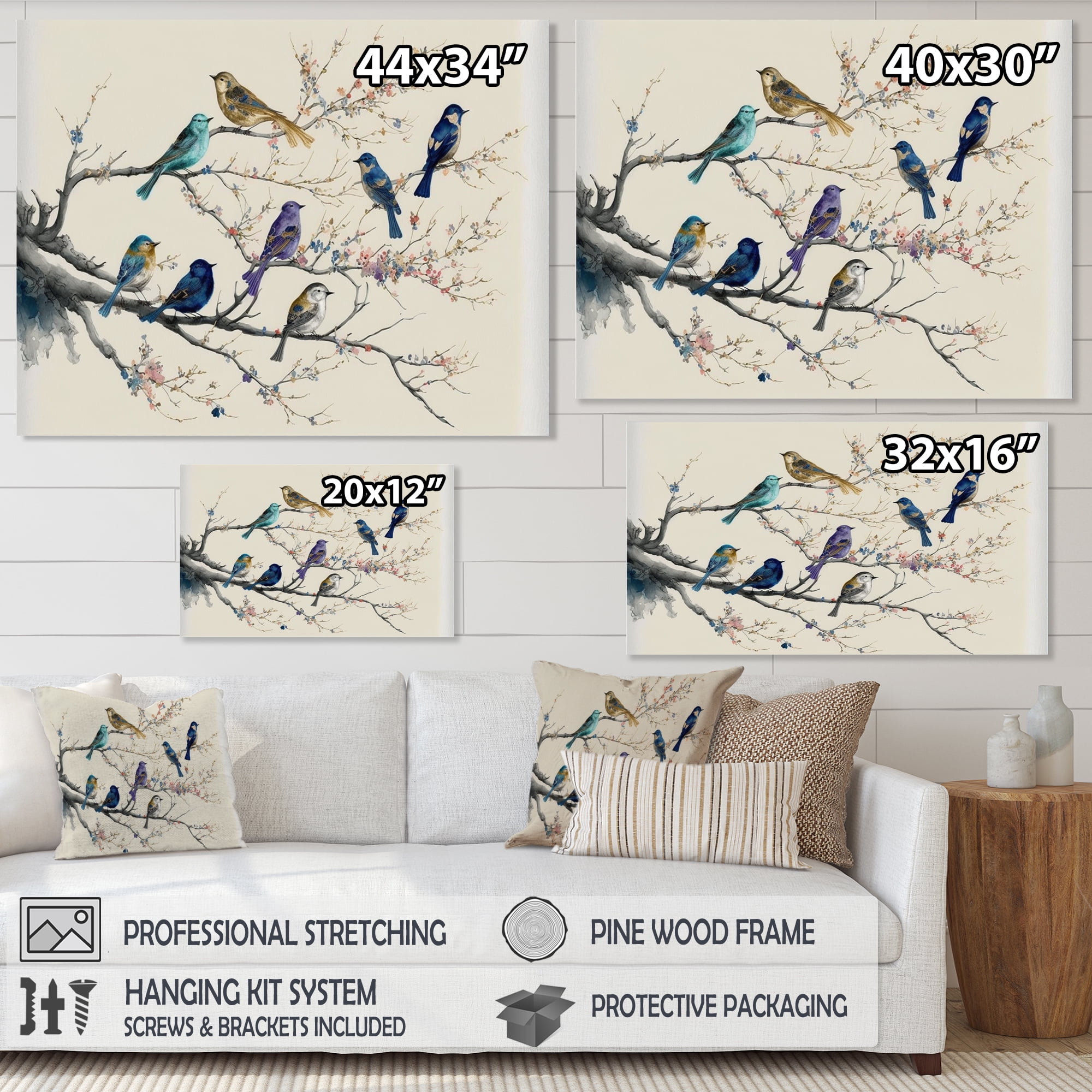 Designart Multicolor Birds On Plum Blossoms Tree IV Canvas Wall Art