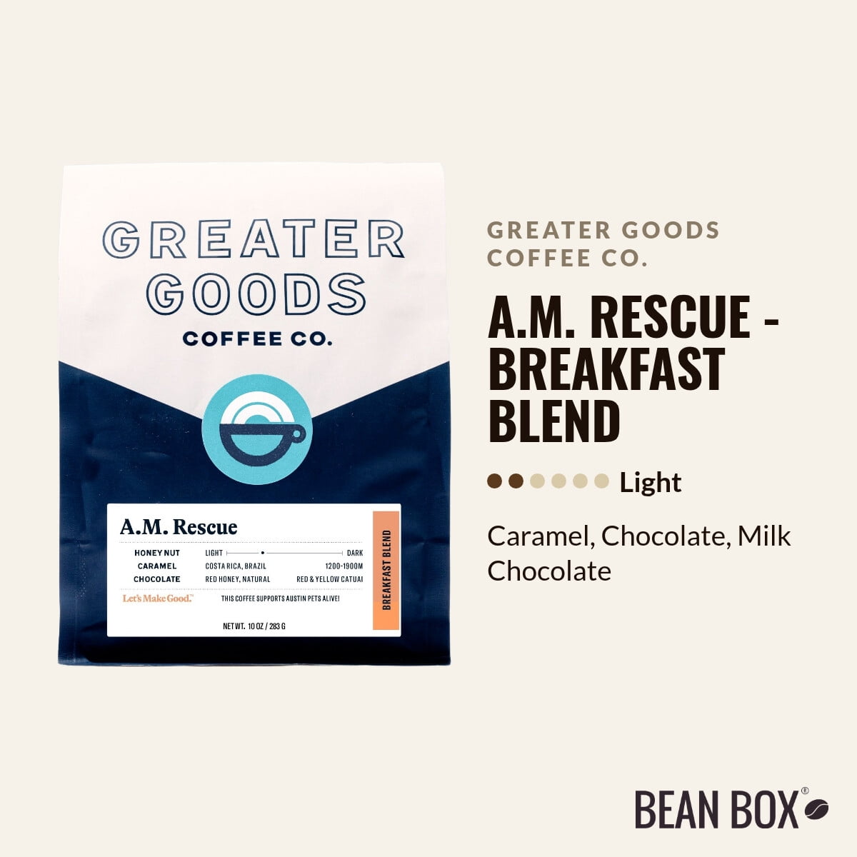 A.M. Rescue - Breakfast Blend - Roasted by Greater Goods Coffee Co. - Whole Bean Coffee - 2lb Bag