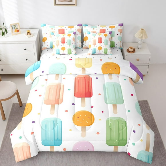 YST Ice Cream Bed In A Bag 7-Piece Rainbow Popsicle Twin Size Comforter Set,Summer Holiday Bedding Comforter Sets Colorful Polka Dots Sheets Set Food Theme Bedding Set Kids Girls Room Decor