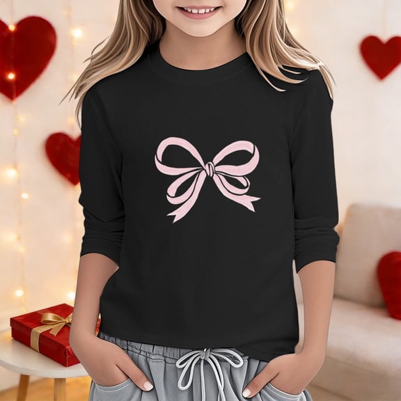 YaEYa Girls Bow Graphic Shirt 3/4 Sleeve Tops Crew Neck T-Shirts Cute Basic Tees Shirts for Kids 3-14 Years