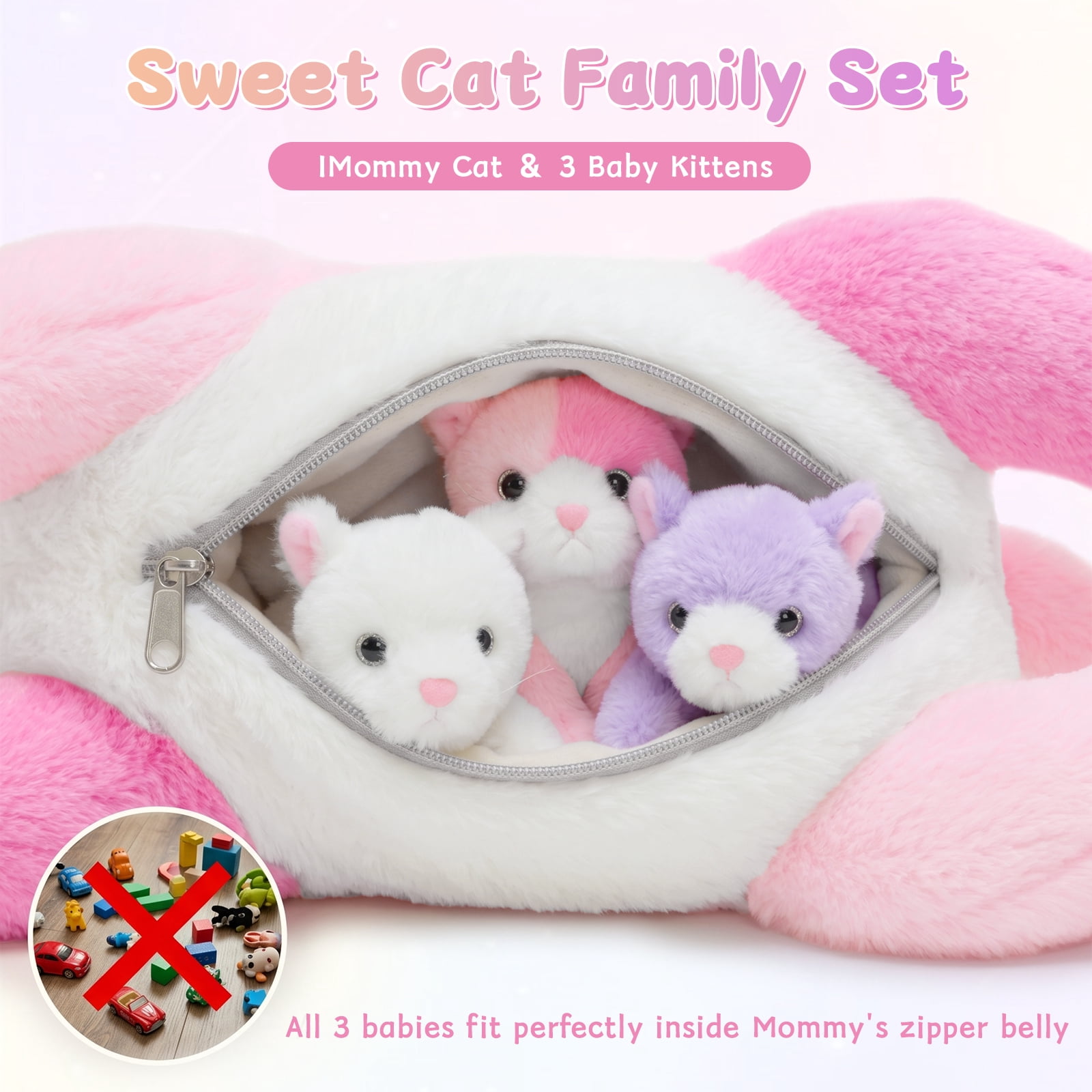 MaoGoLan 4 Piece Cats Stuffed Animals 13.8 inch Mom Plush Cat with 3 Kittens Stuffed in Zipper Pouch