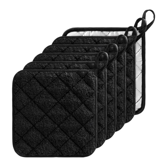 WZB 6‑Pack Cotton Quilted Terry Pot Holders, Heat Resistant 7"x7" Hot Pads with Hanging Loops, Machine Washable Black Oven Pads for Kitchen Baking Cooking