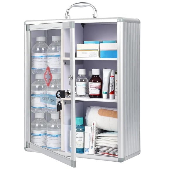 Wall Mount Locking Medicine Cabinet with Handle, First Aid Cabinet Lockable Medical Cabinet Medicine Storage Organizer Secure Wall Cabinet Storage Box for Safe Medication Storage, Large
