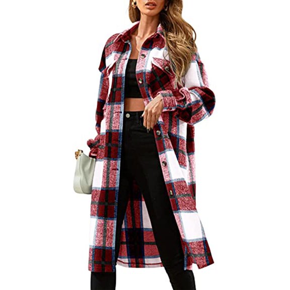 IROINNID Women's Leisure Long Coat Turndown Lapel Plaid Trench coat Long Sleeve Outwear, Wine