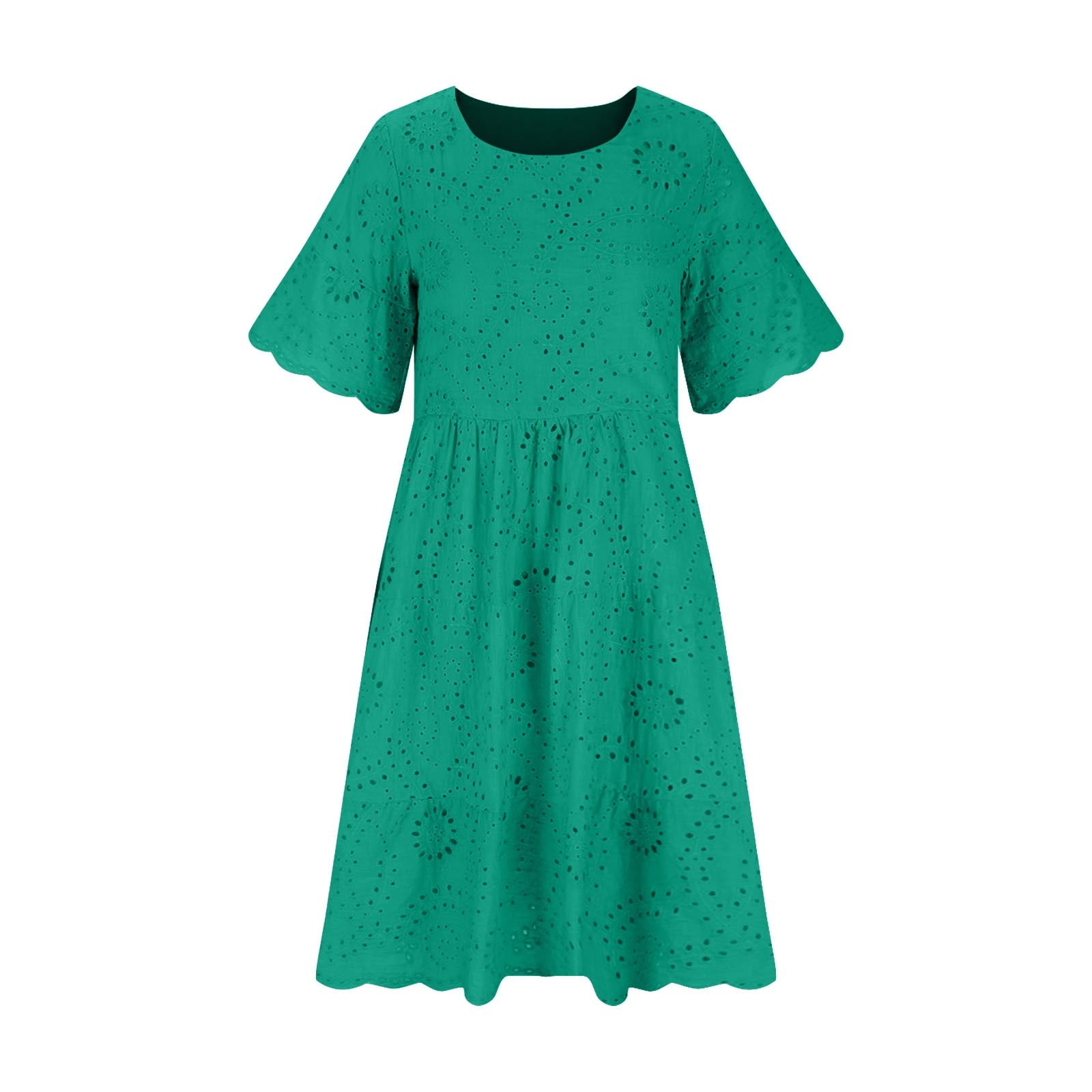 Hfyihgf Women's Summer Dresses Lace Eyelet Short Sleeve Crewneck Tiered Midi Dress Ruffle Hem Babydoll Short Dress(Green,XL), Multicolor