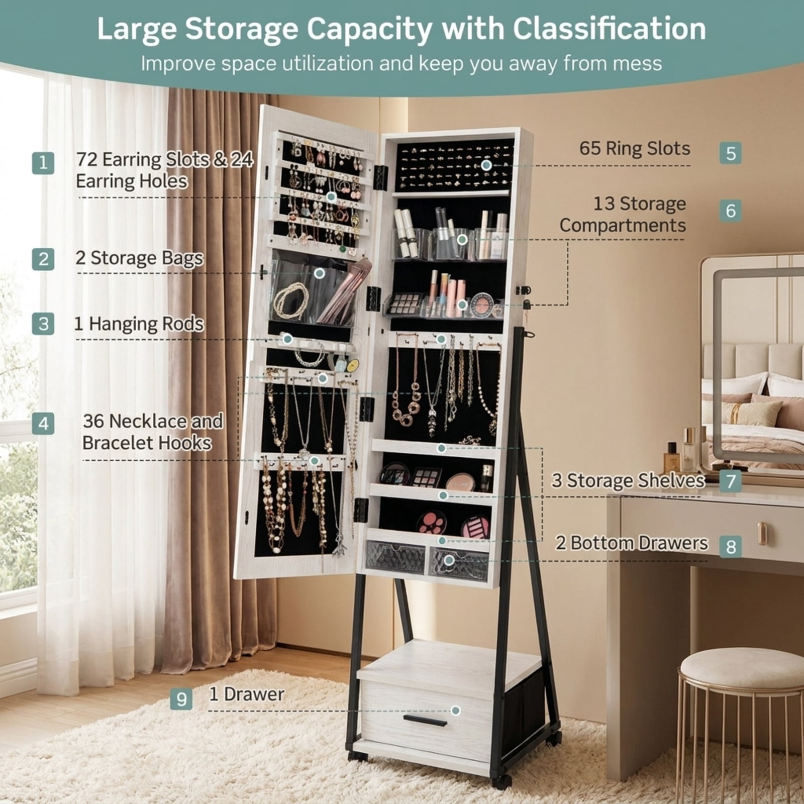 Furnibear Jewelry Cabinet with Full Length Mirror for Bedroom Dressing Room Standing Storage Cabinet with Mirror, White