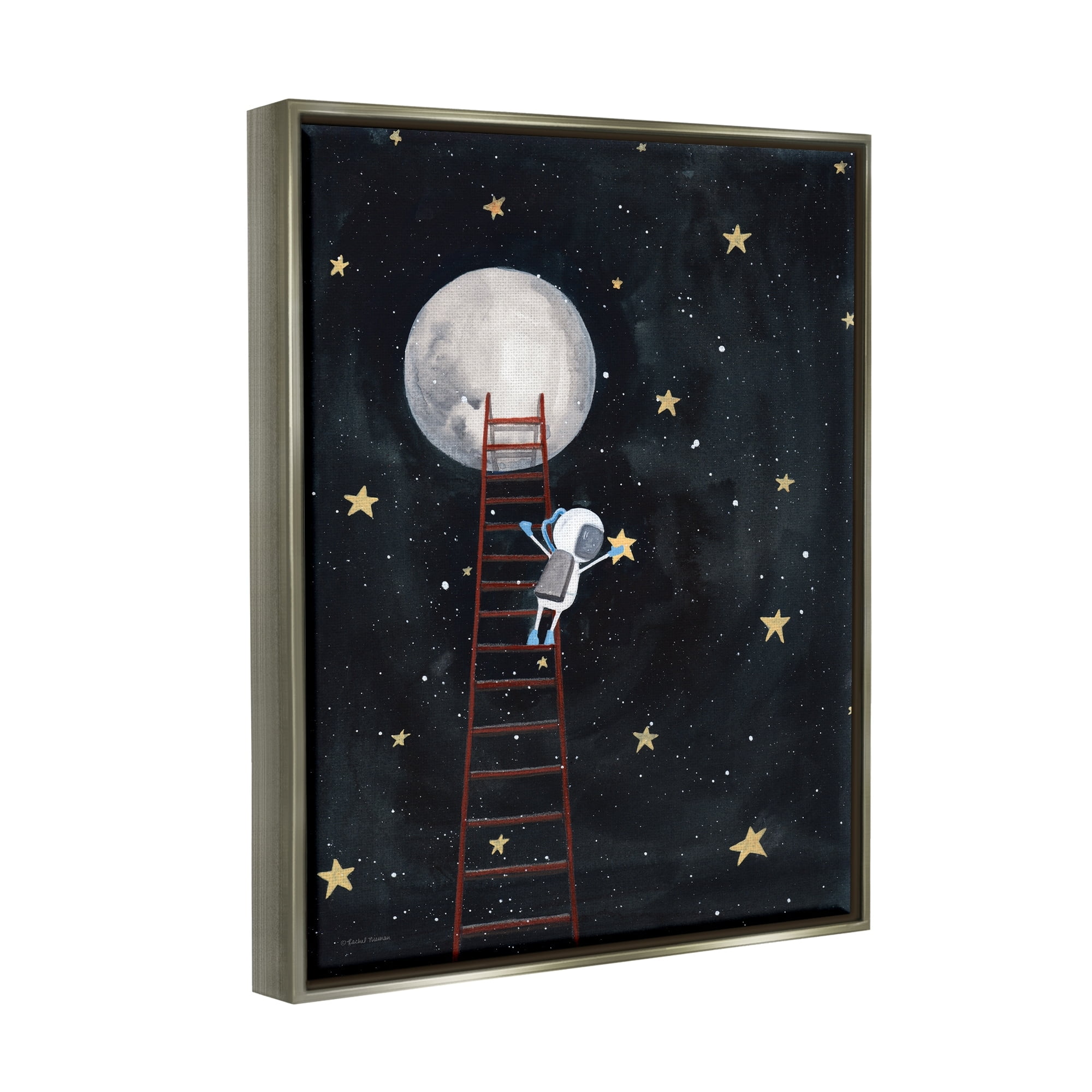 Stupell Industries Astronaut Hanging Stars Outer Space Ladder to Moon Luster Gray Framed Floating Canvas Wall Art, 24x30, by Rachel Nieman