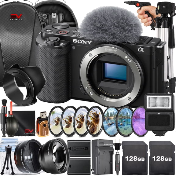 Sony ZV-E10 Mirrorless Camera (Black, Body Only)   2 Pack 128GB Memory Card   Backpack   Telephoto   Tripod   SV Premium Accessory Bundle (International Version)