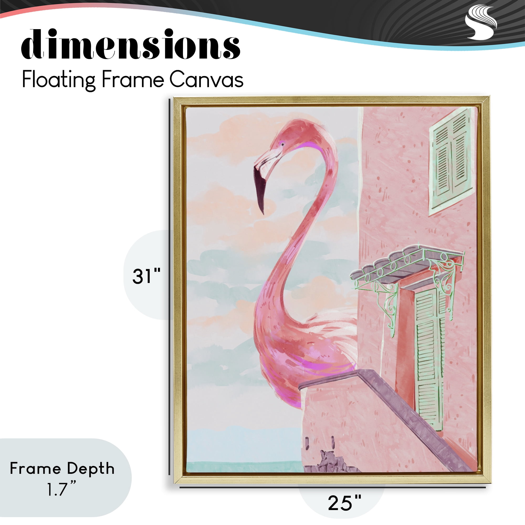 Stupell Industries Giant Flamingo with Seaside Balcony Gold Framed Floater Canvas Wall Art, design by Ziwei Li