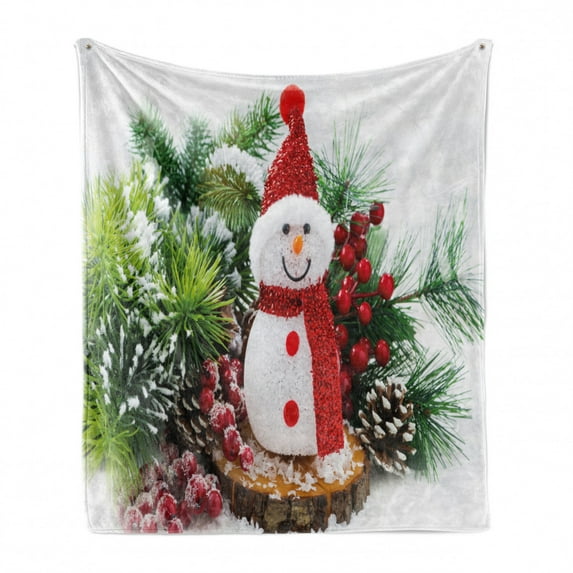 Christmas Soft Flannel Fleece Throw Blanket, Retro Style Greeting and New Year Theme with Properties and Snow Covered Wood Print, Cozy Plush for Indoor and Outdoor Use, 50" x 60", White, by Ambesonne