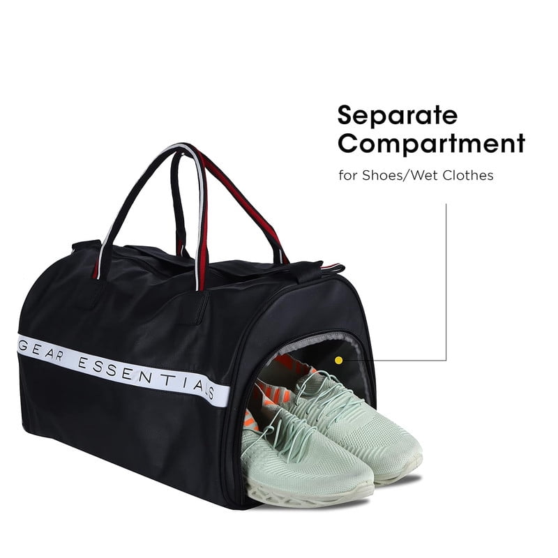Gear Essentials 27L Faux-Leather Water Resistant Travel Duffle Bag/Gym Bag for Men/Women with Shoe Compartment (Black)