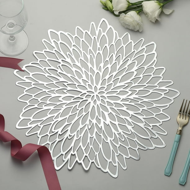 Efavormart 6 Pack 15" Silver Floral Vinyl Placemats Non Slip Dining