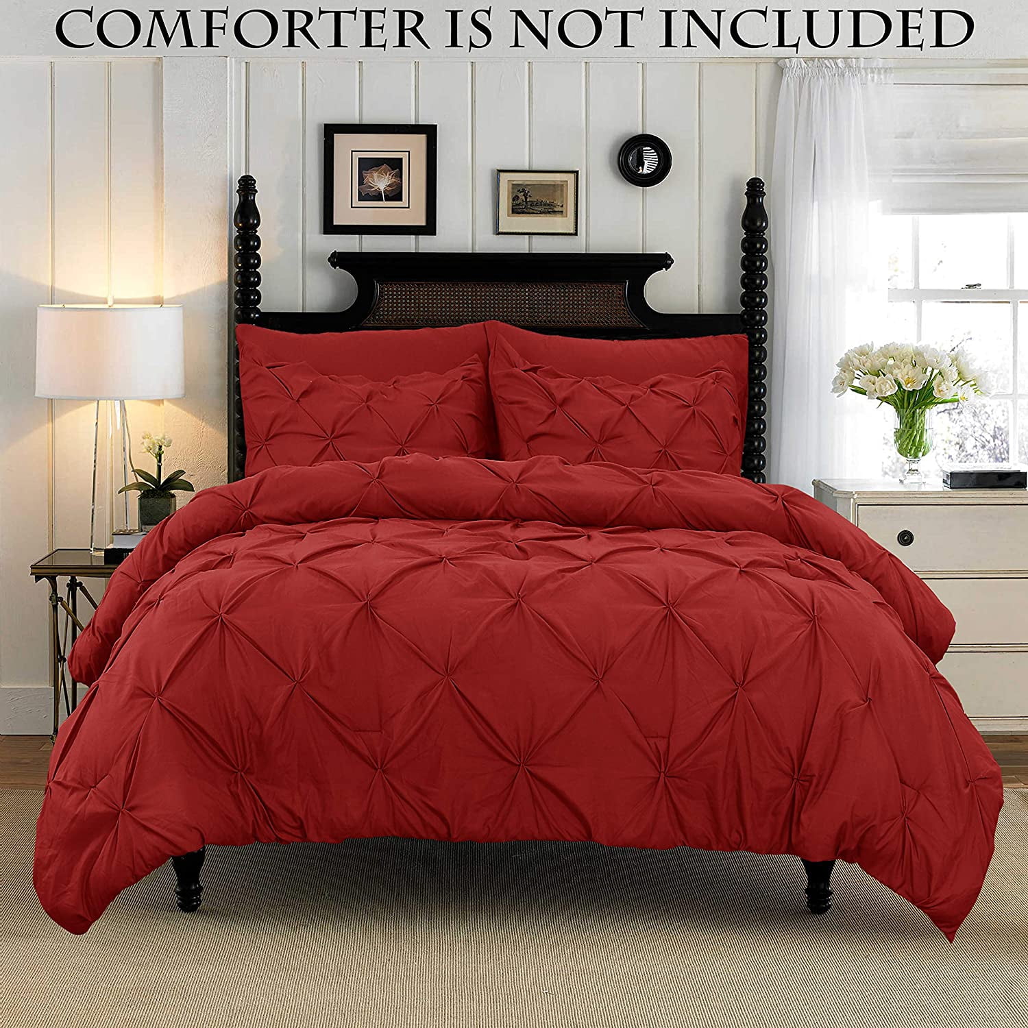 Mocassi Soft and Cozy Pinch Pleat Duvet Cover with Matching Sham, Button Closure and Corner Ties, 2-Piece Set, Full/Queen, Burgundy