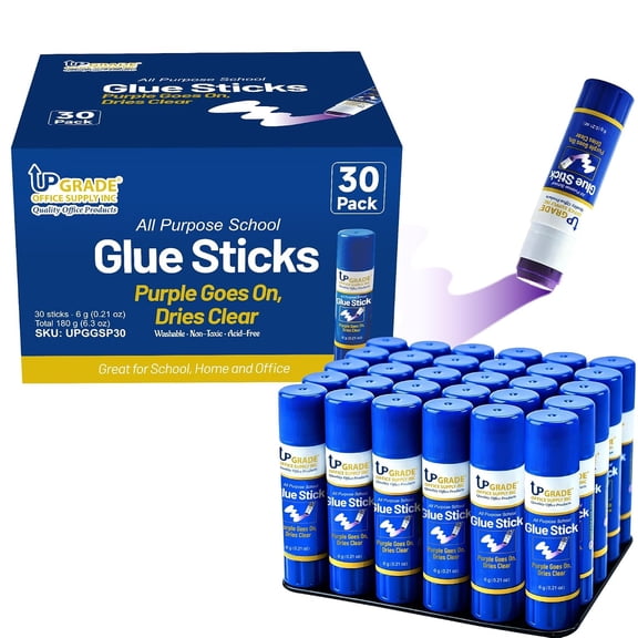Upgrade Office Supply Acid-Free All Purpose School Glue Sticks, 6g, 30 Count, Purple Goes On Dries Clear, Washable, Non-Toxic