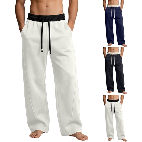 Mens Wide Leg Sweatpants Drawstring Waist Baggy Pants with Pockets Trendy Patchwork Streetwear Gray XL