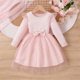 thumbnail image 5 of Vestido de princesa de manga larga con volantes y nudo para niña, de primavera y verano, de malla elástica brillante, con cuello redondo y manga corta, de poliéster., 5 of 6